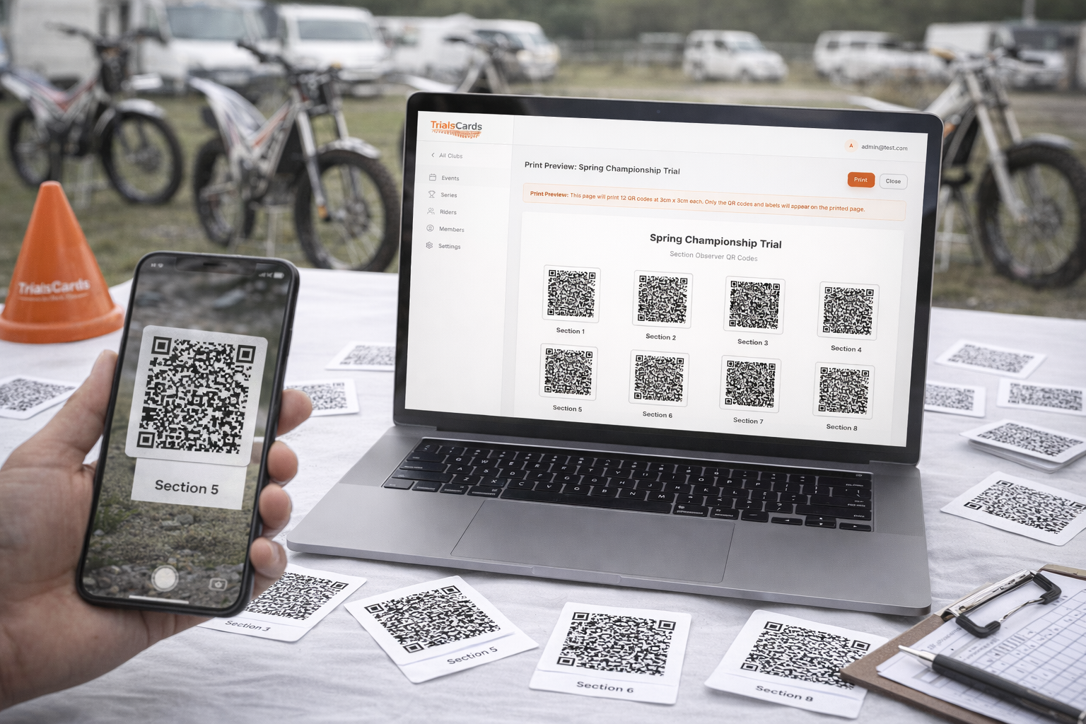Trials Scorecard QR section access screen shown with printed QR cards in a UK trials admin setting