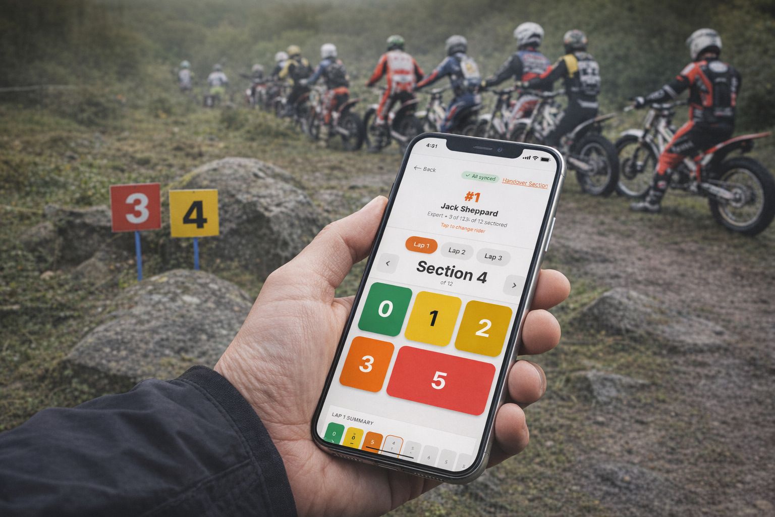 Trials Scorecard scoring interface shown on a phone at a UK observed trials section