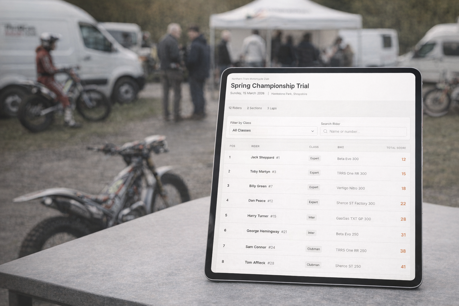 Trials Scorecard public results shown on a tablet at a UK motorcycle trials paddock