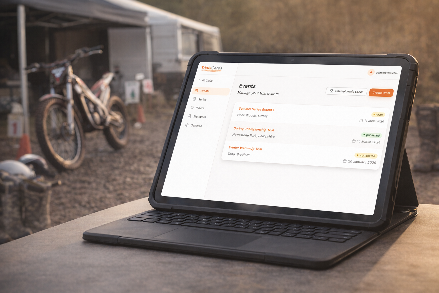 Trials Scorecard dashboard showing event management for a UK motorcycle trials club