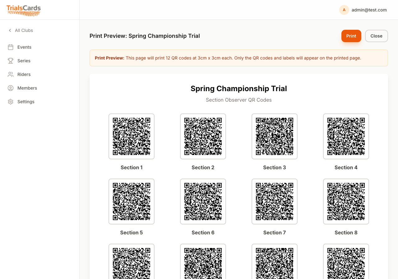 Printable QR codes for each section, ready for observers to scan